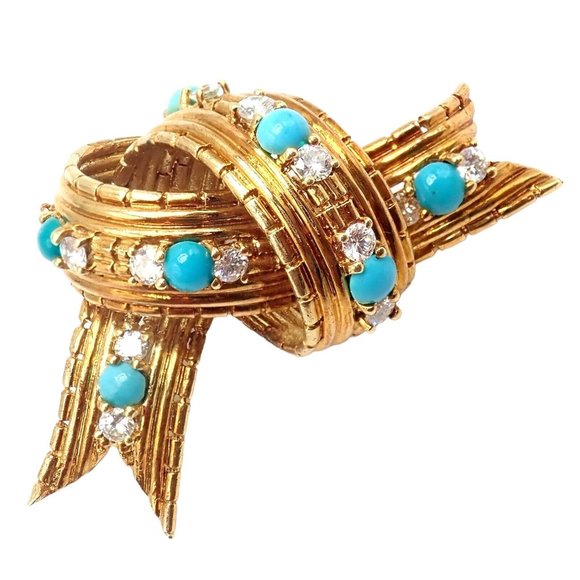Vintage Tiffany & Co. 18k Yellow Gold Diamond Turquoise Bamboo Bow Pin Brooch - Picture 1 of 11